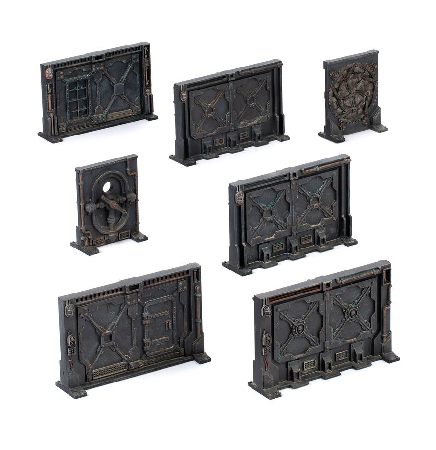 Hive Secundus - 7 elementów terenu Necromunda Bulkhead Terrain ciemnoszare metalowe ściany z krzyżowymi wzmocnieniami rdzą i turkusowymi detalami Necromunda Games Workshop