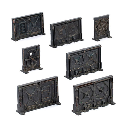 Hive Secundus - 7 elementów terenu Necromunda Bulkhead Terrain ciemnoszare metalowe ściany z krzyżowymi wzmocnieniami rdzą i turkusowymi detalami Necromunda Games Workshop