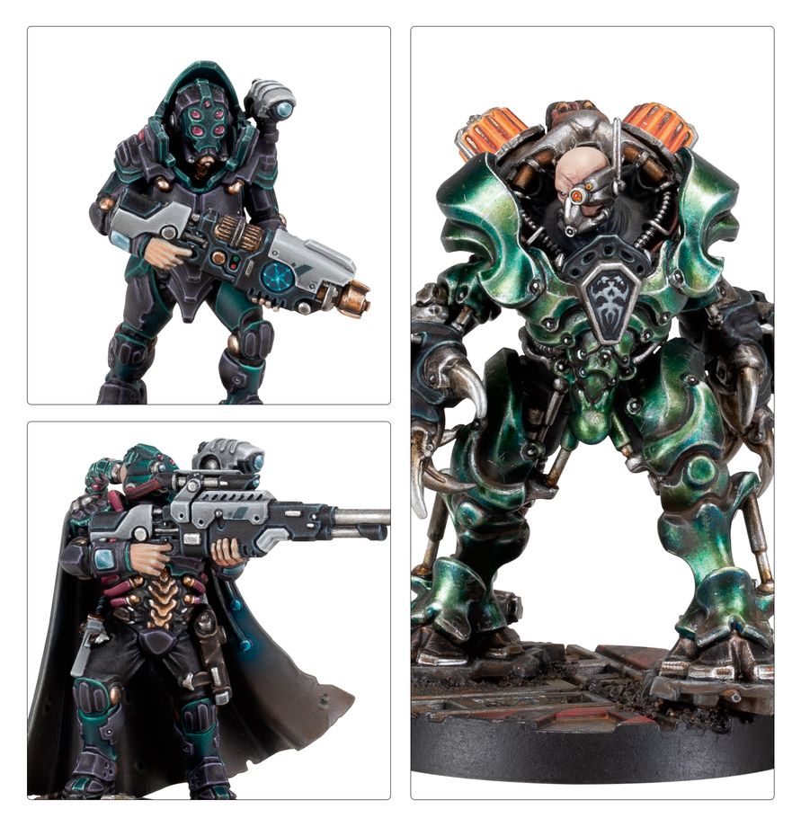 Hive Secundus - zbliżenia Van Saar Tek-hunter z maską i pistoletem Van Saar z peleryną i karabinem snajperskim i Orrus Spyre Hunter w zielonym pancerzu z sierpem Necromunda