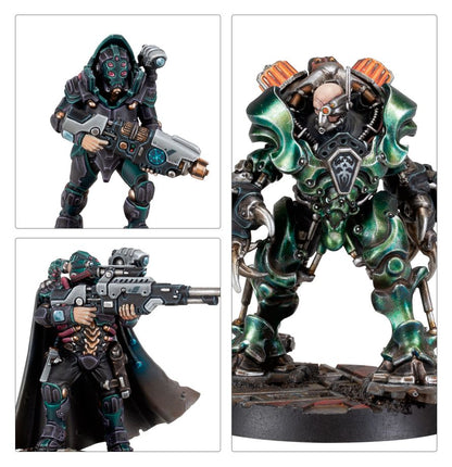 Hive Secundus - zbliżenia Van Saar Tek-hunter z maską i pistoletem Van Saar z peleryną i karabinem snajperskim i Orrus Spyre Hunter w zielonym pancerzu z sierpem Necromunda