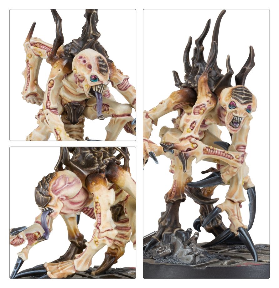 Hive Secundus - zbliżenia Malstrain Genestealer kremowo-beżowa skóra z różowymi żyłkami czarne kolce czerwono-niebieskie oczy fioletowy język i czarne szpony Necromunda