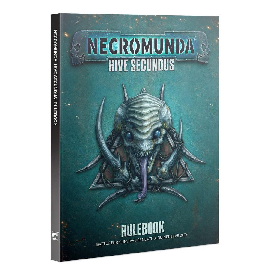 Hive Secundus Rulebook - podręcznik Necromunda turkusowa okładka z głową Malstrain Genestealer fioletowy język i czarne kolce 176 stron Games Workshop