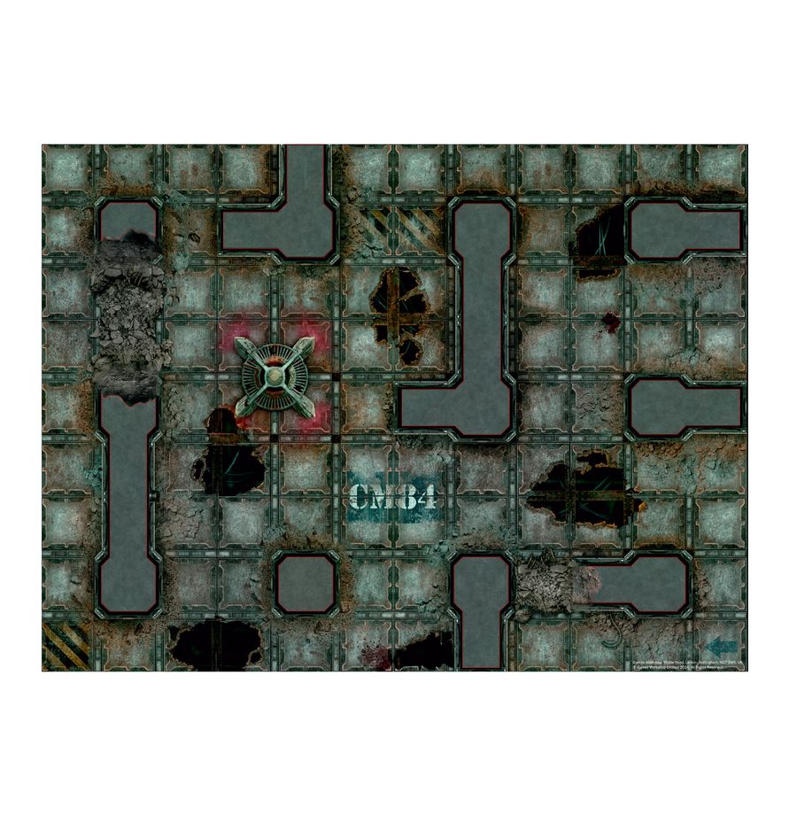 Hive Secundus - dwustronna mata do gry ciemnoszara siatka tuneli z rdzą i plamami czerwony znacznik krzyżowy CM84 zniszczone podłogi Necromunda Games Workshop