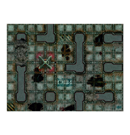 Hive Secundus - dwustronna mata do gry ciemnoszara siatka tuneli z rdzą i plamami czerwony znacznik krzyżowy CM84 zniszczone podłogi Necromunda Games Workshop