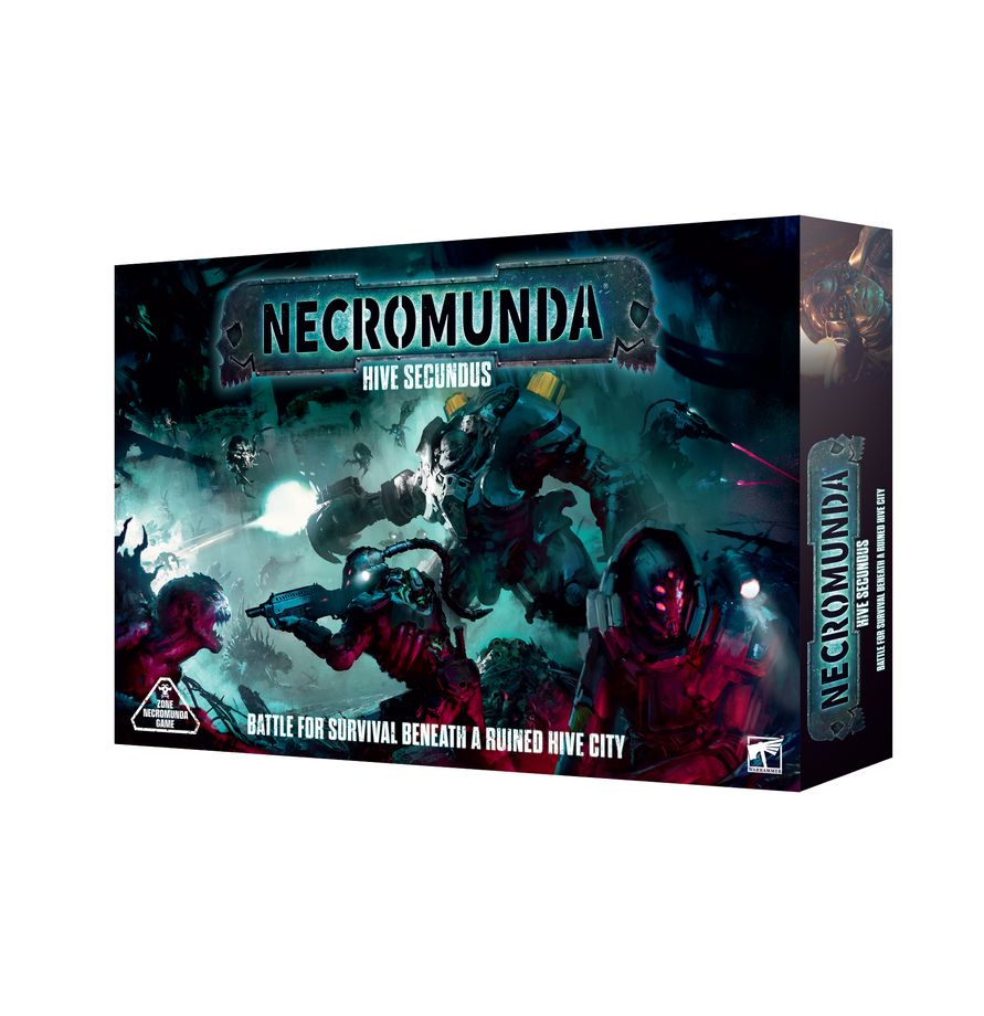Hive Secundus - pudełko Necromunda ciemnoniebieskie Van Saar Tek-hunterzy w czerwonych maskach walczący z Malstrain w tunelach Games Workshop