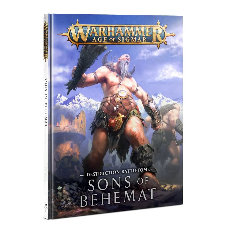 Warhammer Age of Sigmar Destruction Battletome Sons of Behemat – twarda okładka podręcznika: ogromny łysy Mega-Gargant z siwą brodą i rogami unosi kamienną płytę nad głową na tle ośnieżonych gór i błękitnego nieba, drugi Gargant w tle, złote logo Warhammer Age of Sigmar, napis Destruction Battletome Sons of Behemat, wydawnictwo Games Workshop
