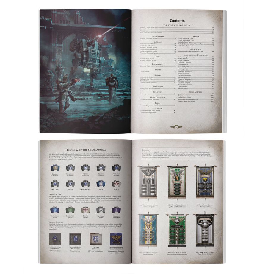 Liber Auxilia – rozkładówka z heraldyką Solar Auxilia i sztandarami kohort, Horus Heresy
