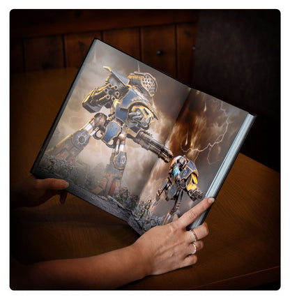 Liber Questoris – rozkładówka z galerią malowanych Tytanów Legio Titanicus w starciu, Horus Heresy
