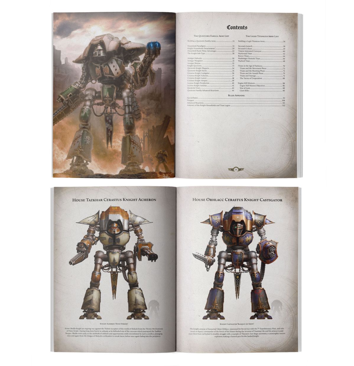 Liber Questoris – rozkładówka ze spisem treści i ilustracjami Rycerzy House Tazkhar i House Orhlacc, Horus Heresy
