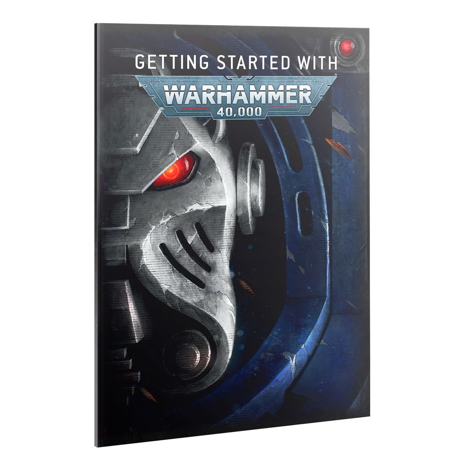 Getting Started with Warhammer 40,000 – okładka magazynu 3D: zbliżenie na metalowy hełm Necron z czerwonym okiem i niebieskim akcentem, napis Getting Started with Warhammer 40,000, białe tło, Games Workshop
