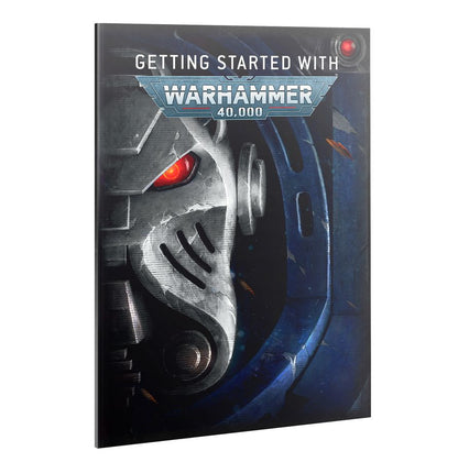 Getting Started with Warhammer 40,000 – okładka magazynu 3D: zbliżenie na metalowy hełm Necron z czerwonym okiem i niebieskim akcentem, napis Getting Started with Warhammer 40,000, białe tło, Games Workshop
