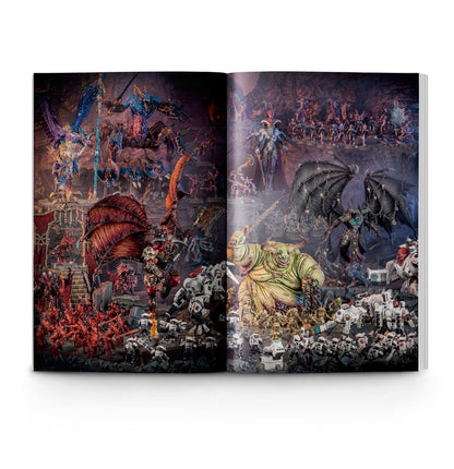 Getting Started with Warhammer 40,000 – rozkładówka magazynu: epicka bitwa armii Warhammer 40,000 – demony Chaosu, Tau, Tyranidy, Greater Daemon Nurgla i latające stworzenia Chaosu na tle mrocznej twierdzy, kolorowa ilustracja
