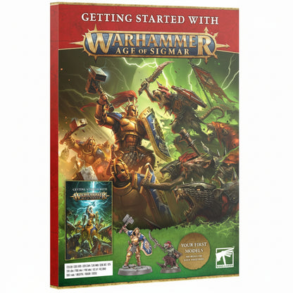 Getting Started With Warhammer Age of Sigmar - pudełko zestawu startowego z okładką magazynu z Stormcast Eternals walczącymi ze Skaven na tle zielonych błyskawic, czerwono-złota ramka z logo Warhammer Age of Sigmar, napis Getting Started With Warhammer Age of Sigmar Your First Models No Tools or Glue Required