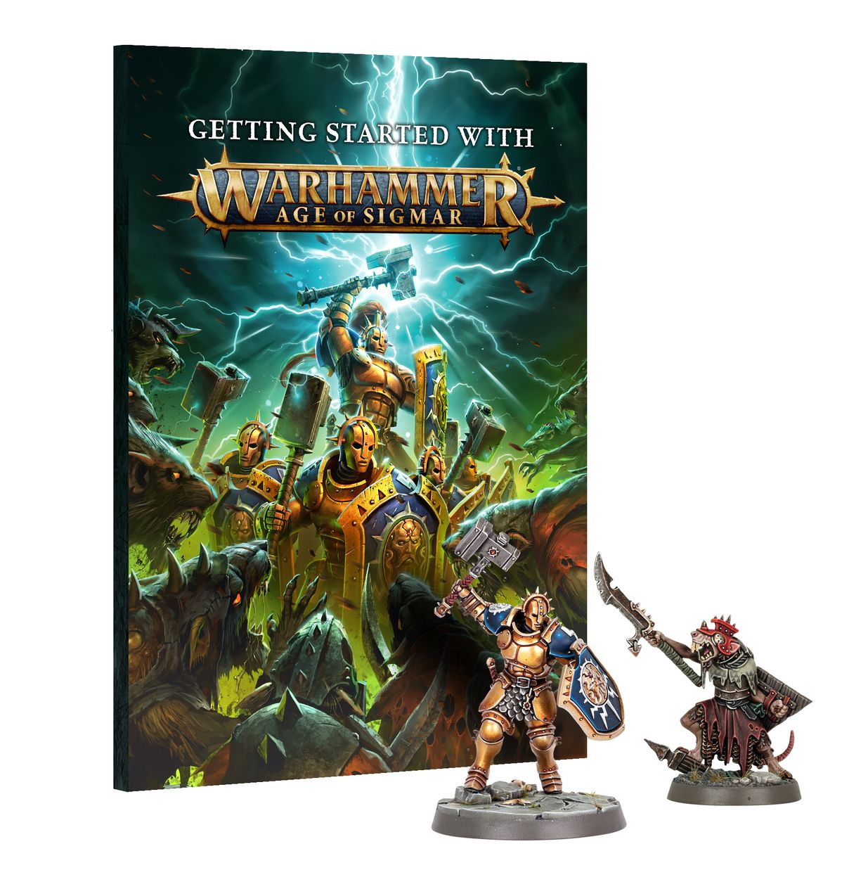 Getting Started With Warhammer Age of Sigmar - magazyn 88-stronicowy z okładką Stormcast Eternals walczących ze Skaven na tle zielonych błyskawic obok dwóch miniatur: złoto-niebieski Stormcast Eternals Liberator z młotem i tarczą oraz brązowo-czerwony Skaven Clanrat z zakrzywionym mieczem na szarych podstawkach
