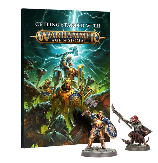 Getting Started With Warhammer Age of Sigmar - magazyn 88-stronicowy z okładką Stormcast Eternals walczących ze Skaven na tle zielonych błyskawic obok dwóch miniatur: złoto-niebieski Stormcast Eternals Liberator z młotem i tarczą oraz brązowo-czerwony Skaven Clanrat z zakrzywionym mieczem na szarych podstawkach