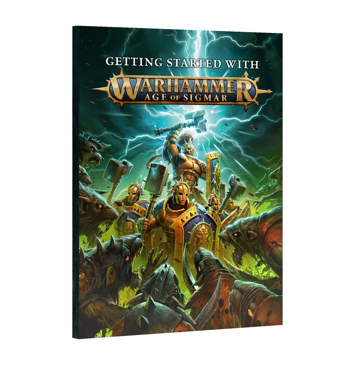Getting Started With Warhammer Age of Sigmar - magazyn 88-stronicowy z okładką Stormcast Eternals walczących ze Skaven na tle zielonych błyskawic i ruin, złote logo Warhammer Age of Sigmar na ciemnozielonym tle