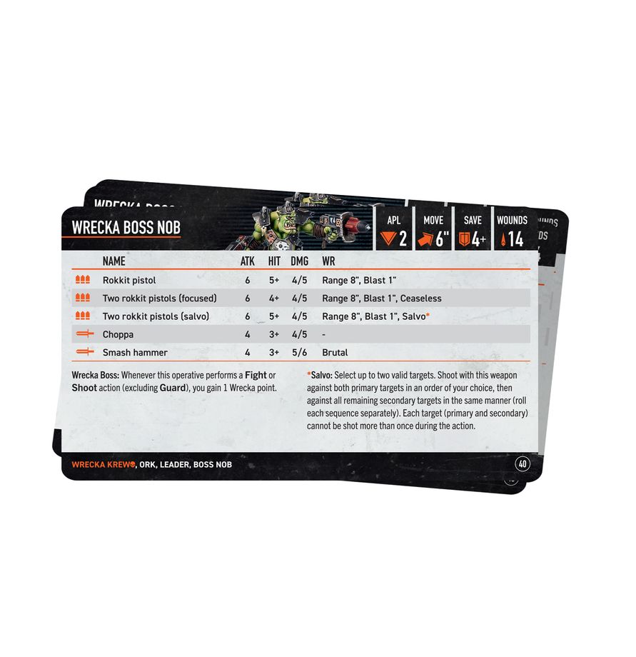 Kill Team Wrecka Krew Datacards - karta Wrecka Boss Nob ze statystykami operatywnego - Games Workshop
