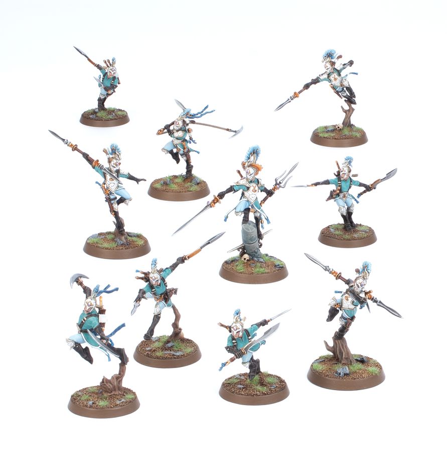 Ydrilan Riverblades - 10 figurek kompletna drużyna Warcry turkusowo-białe stroje włócznie sierpy i sztylety Lumineth Realm-lords Age of Sigmar