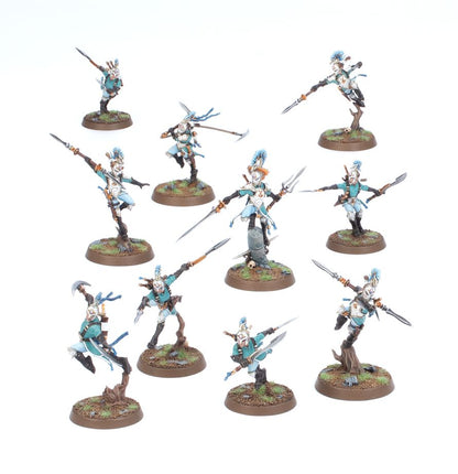 Ydrilan Riverblades - 10 figurek kompletna drużyna Warcry turkusowo-białe stroje włócznie sierpy i sztylety Lumineth Realm-lords Age of Sigmar
