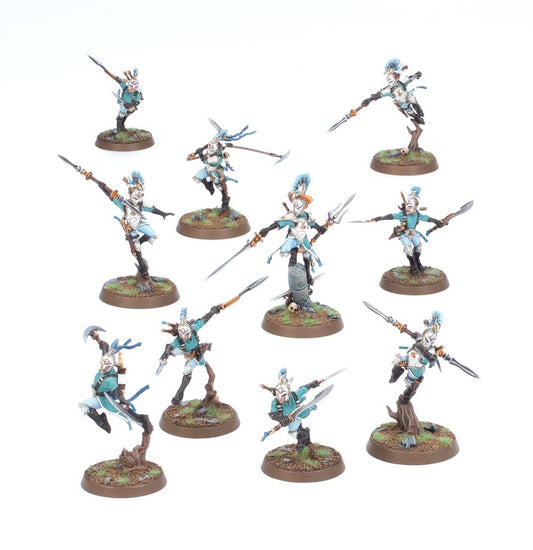 Ydrilan Riverblades - 10 figurek kompletna drużyna Warcry turkusowo-białe stroje włócznie sierpy i sztylety Lumineth Realm-lords Age of Sigmar