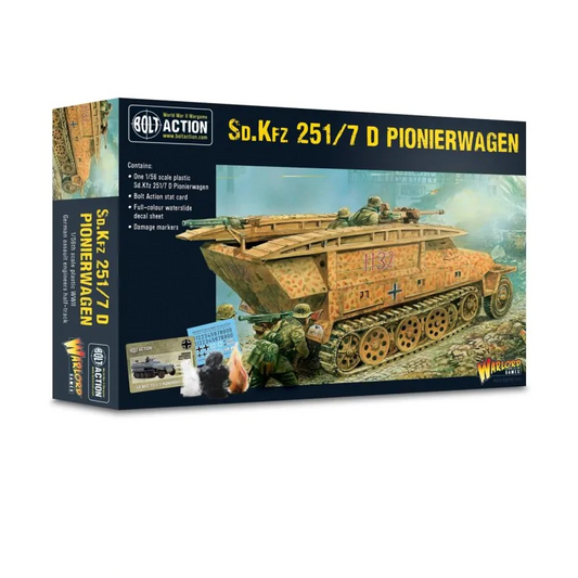 Sd.Kfz 251/7 D Pionierwagen Bolt Action Warlord Games - pudełko zestawu: czarne z żółtym napisem Sd.Kfz 251/7 D PIONIERWAGEN, ilustracja artystyczna półgąsienicowego transportera saperów w dunkelgelb kamuflażu z numerem H32 i krzyżem, z zamontowanymi rampami szturmowymi na górze przedziału bojowego, żołnierze szturmujący w tle, logo Bolt Action i Warlord Games, kod 402012040