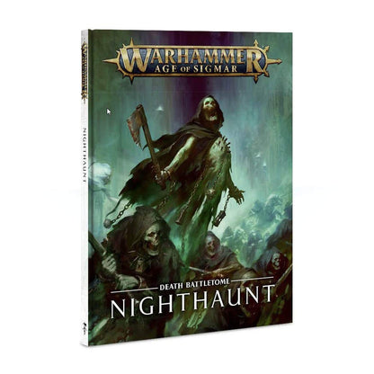 Warhammer Age of Sigmar Death Battletome Nighthaunt 96-01 – twarda okładka podręcznika: wysoki widmowy Kurdoss Valentian w czarnej szacie z kapturem unosi topór i łańcuchy, wokół niego hordy Chainrasps i Grimghast Reapers w zielonkawej mgle, złote logo Warhammer Age of Sigmar, napis Death Battletome Nighthaunt, wydawnictwo Games Workshop
