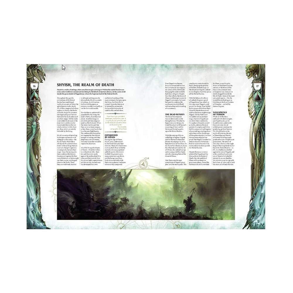 Warhammer Age of Sigmar Death Battletome Nighthaunt 96-01 – rozkładówka podręcznika: strona lore Shyish the Realm of Death z rozdziałami Conquered by Chaos, The Dead Return i Wellsprings of Terror, tekst w dwóch kolumnach z ozdobnymi bordiurami w kształcie klepsydry i widmowych postaci, panoramiczna ilustracja mrocznego podziemnego królestwa Nagasha w tle, Games Workshop

