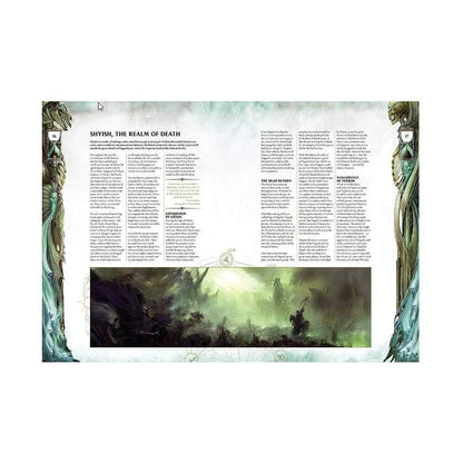 Warhammer Age of Sigmar Death Battletome Nighthaunt 96-01 – rozkładówka podręcznika: strona lore Shyish the Realm of Death z rozdziałami Conquered by Chaos, The Dead Return i Wellsprings of Terror, tekst w dwóch kolumnach z ozdobnymi bordiurami w kształcie klepsydry i widmowych postaci, panoramiczna ilustracja mrocznego podziemnego królestwa Nagasha w tle, Games Workshop
