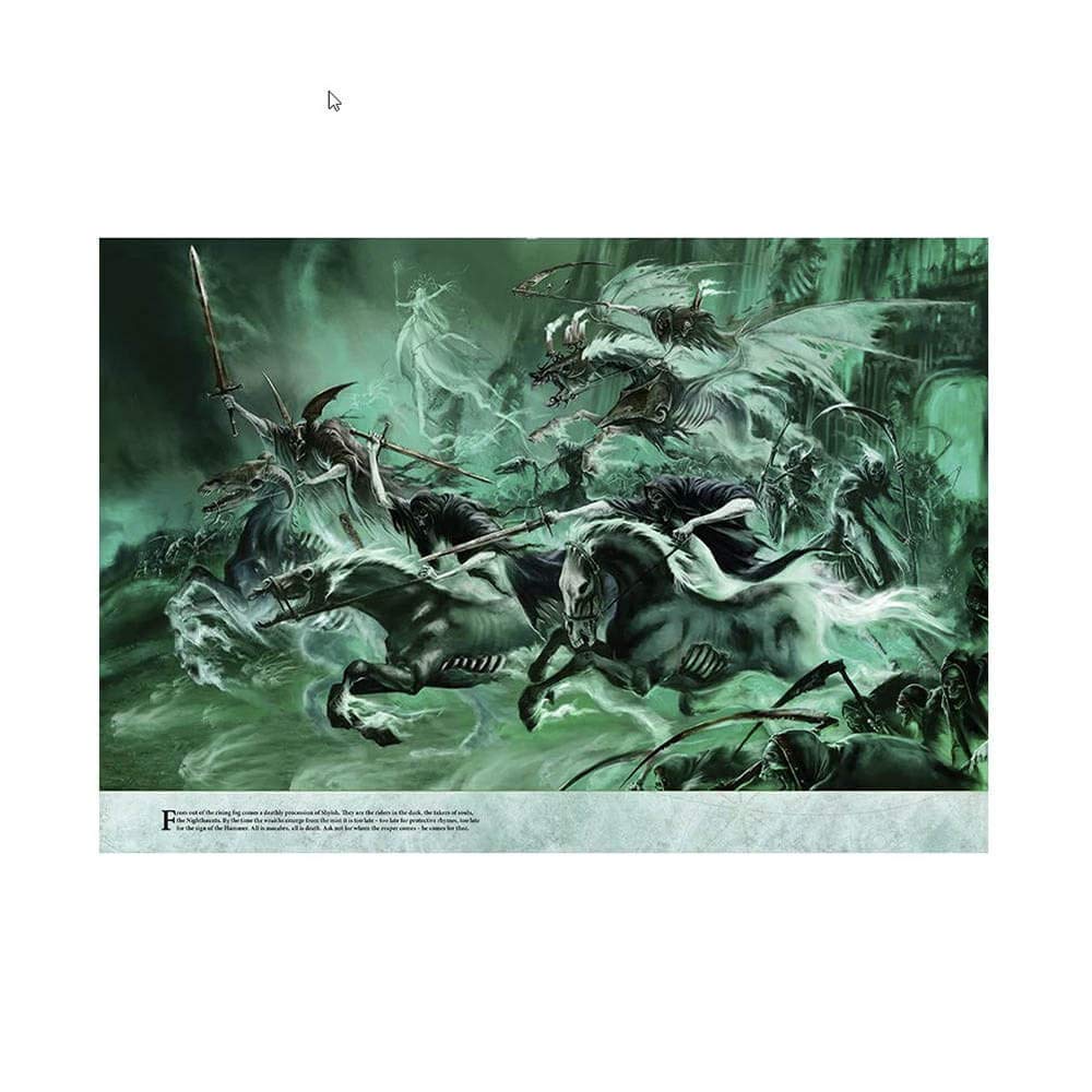 Warhammer Age of Sigmar Death Battletome Nighthaunt 96-01 – kolorowa ilustracja rozkładówki: szarża Nighthaunt przez zielonkawą mgłę – Hexwraiths na szkieletowych koniach z kosami i włóczniami, Spirit Torment z łańcuchami, Dreadblade Harrow na skrzydlatym wierzchowcu i Banshee w tle, ruiny zamku i zielone światło Shyish, Games Workshop
