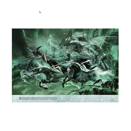 Warhammer Age of Sigmar Death Battletome Nighthaunt 96-01 – kolorowa ilustracja rozkładówki: szarża Nighthaunt przez zielonkawą mgłę – Hexwraiths na szkieletowych koniach z kosami i włóczniami, Spirit Torment z łańcuchami, Dreadblade Harrow na skrzydlatym wierzchowcu i Banshee w tle, ruiny zamku i zielone światło Shyish, Games Workshop
