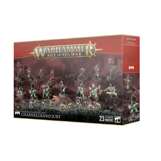 Flesh-eater Courts Charnelgrand Jury - pudełko zestawu Battleforce 23 miniatur Warhammer Age of Sigmar z ghulem-sędzią, Crypt Horrors, Morbheg Knights i Cryptguard na tle czerwonych ruin i mgły, złote logo Warhammer Age of Sigmar, napis Battleforce Flesh-eater Courts Charnelgrand Jury 23 Citadel Miniatures