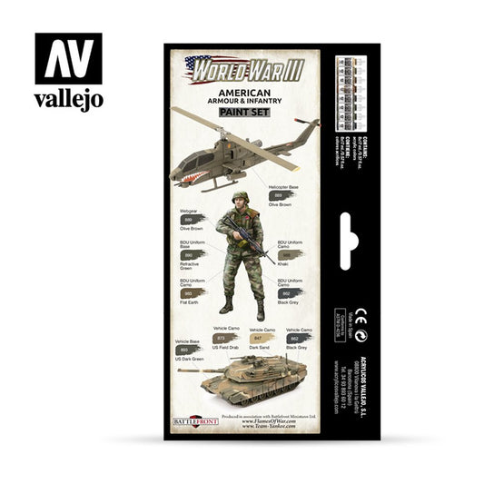 Vallejo 70220 World War III American Armour & Infantry Paint Set – tył pudełka z schematem malowania: AH-1 Cobra, żołnierz BDU i czołg M1 z przypisaniem kolorów, Vallejo
