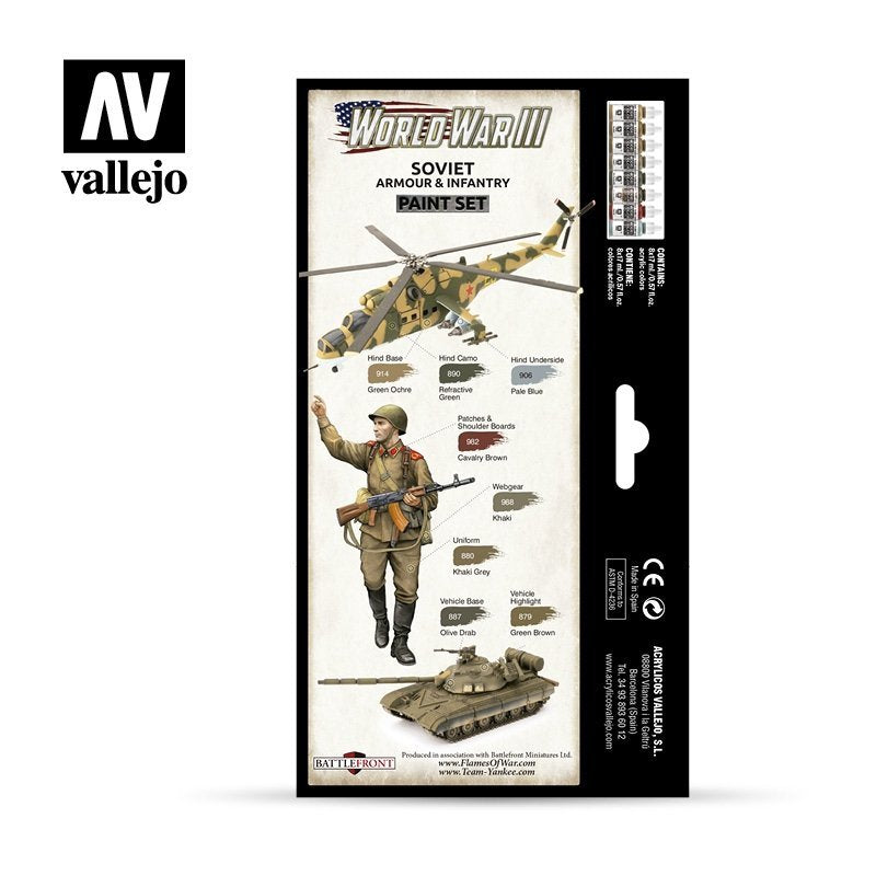 Vallejo 70221 World War III Soviet Armour & Infantry Paint Set – tył pudełka z schematem malowania: Mi-24 Hind, żołnierz i czołg T-72 z przypisaniem kolorów do elementów, Vallejo
