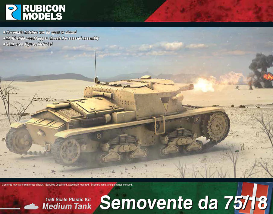 Rubicon Models 280096 Semovente da 75/18 – zmontowany i pomalowany model plastikowy 1/56 28mm: włoskie działo samobiezne w kamuflażu pustynnym piaskowym z zielonym trójkątem na kazamacie, haubica 75mm L/18, właz kazamaty otwarty, gąsienice stalowe, widok z boku-przodu, Bolt Action