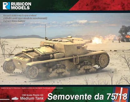 Rubicon Models 280096 Semovente da 75/18 – zmontowany i pomalowany model plastikowy 1/56 28mm: włoskie działo samobiezne w kamuflażu pustynnym piaskowym z zielonym trójkątem na kazamacie, haubica 75mm L/18, właz kazamaty otwarty, gąsienice stalowe, widok z boku-przodu, Bolt Action