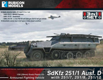 Rubicon Models 280019 SdKfz 251/1 Ausf. D 3w1 – pudełko 1/56 Armoured Fighting Vehicle SdKfz 251/1 Ausf. D z zestawem 3w1 (251/7, 251/8, 251/10): niemiecki transporter półgąsienicowy SdKfz 251 Ausf. D w szarym kamuflażu z krzyżem żelaznym na kadłubie, plandeka dachowa półotwarta, jedzie przez jesienne pole z samolotem w tle, logo Rubicon Models, napis 3in1 SET, lista wariantów (251/7 Assault Engineer, 251/8 Ambulance, 251/10 PaK 36)