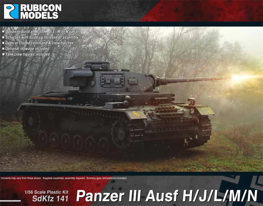 Rubicon Models 280092 Panzer III Ausf. H/J/L/M/N – pudełko 1/56 SdKfz 141 Panzer III Ausf H/J/L/M/N: PzKpfw III strzela w jesiennym lesie, ciemnoszary kamuflaż, logo Rubicon Models, lista cech zestawu (Ausf H/J/L/M/N, Schürzen, włazy otwarte/zamknięte, figurki załogi)