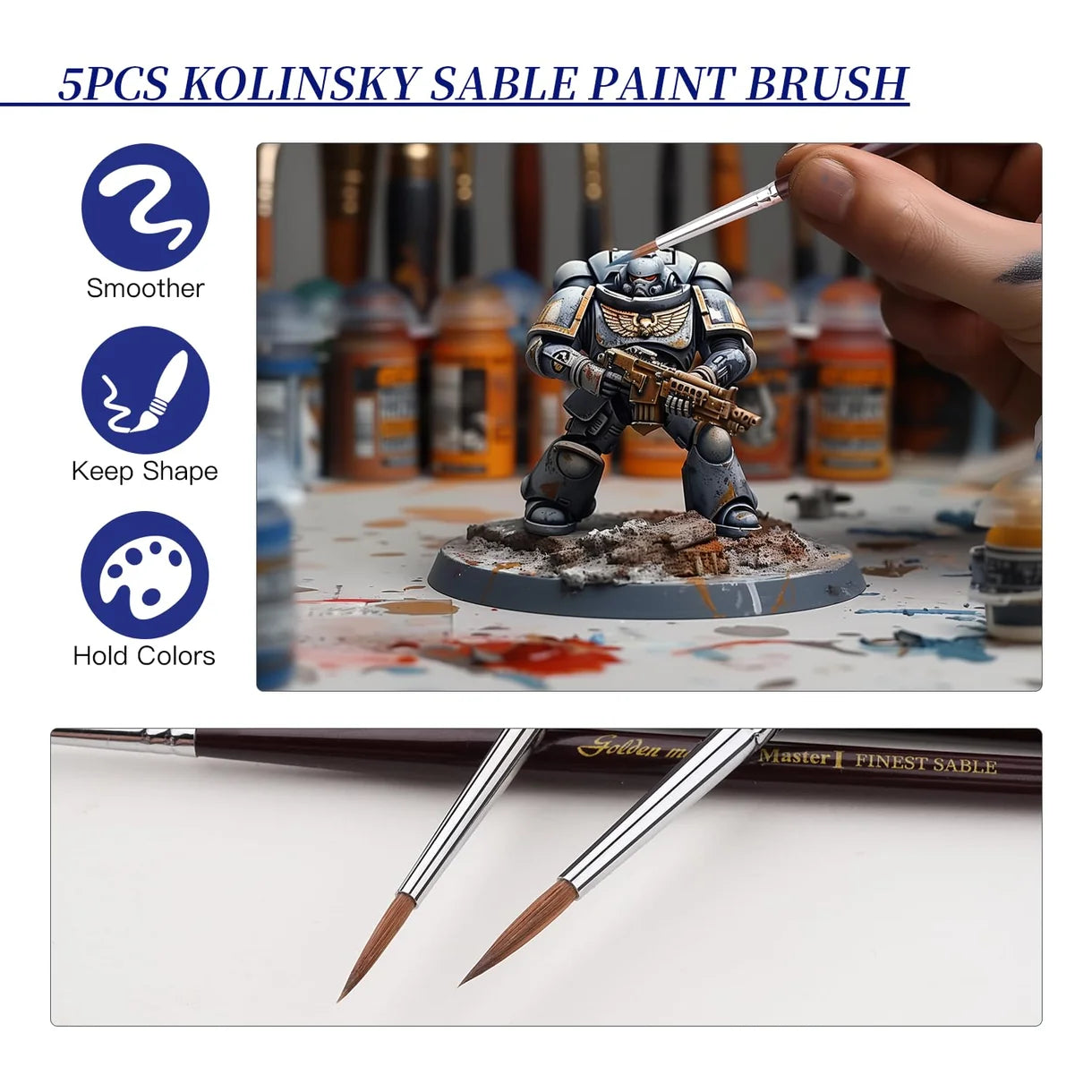 Infografika 5PCS Kolinsky Sable Paint Brush – malowanie figurki Space Marine, zbliżenie na dwa pędzle Master I Finest Sable, ikony: Smoother, Keep Shape, Hold Colors
