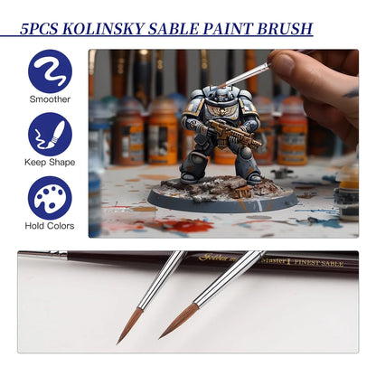 Infografika 5PCS Kolinsky Sable Paint Brush – malowanie figurki Space Marine, zbliżenie na dwa pędzle Master I Finest Sable, ikony: Smoother, Keep Shape, Hold Colors

