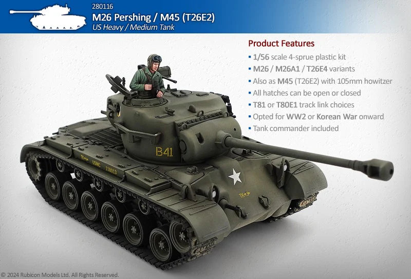 M26 Pershing / M45 (T26E2) – pomalowany model czołgu amerykańskiego B41 w skali 1/56, widok z lewej strony z dowódcą i listą cech zestawu