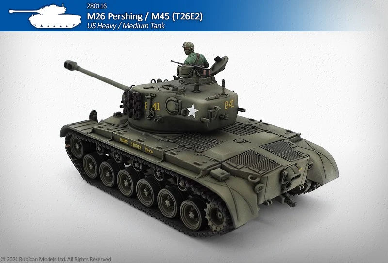 M26 Pershing / M45 (T26E2) – pomalowany model czołgu USMC B41 w skali 1/56, widok z przodu i lewej strony z dowódcą w otwartym włazie