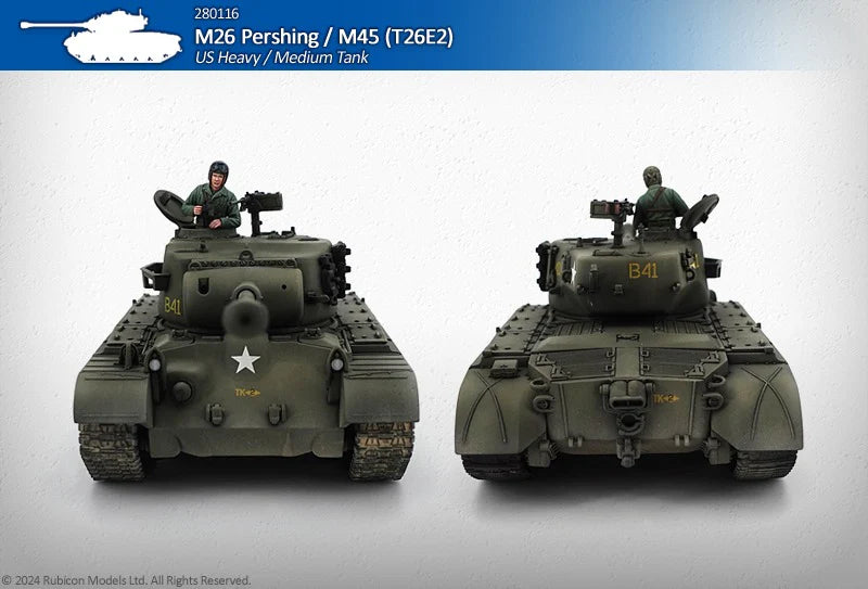 M26 Pershing / M45 (T26E2) – dwa pomalowane modele czołgu B41 w skali 1/56, widok z przodu i z tyłu, porównanie detali kadłuba i wieży
