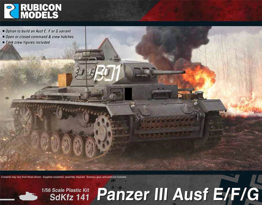 Rubicon Models 280091 Panzer III Ausf. E/F/G – zmontowany i pomalowany model plastikowy 1/56 28mm widok z boku-przodu: PzKpfw III Ausf G w ciemnoszarym kamuflażu z czerwonym trójkątem i krzyżem żelaznym na wieży, armata 37mm KwK 35/36, karabin maszynowy MG 34, gąsienice stalowe, białe tło, Bolt Action