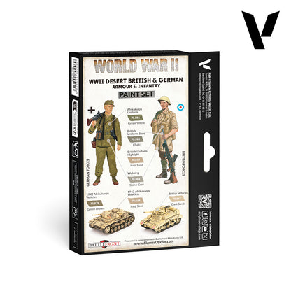 Vallejo 70208 WWII Desert British & German Armour & Infantry Paint Set – tył pudełka z schematem malowania: żołnierz Afrikakorps, żołnierz brytyjski 8. Armii, Panzer III i Grant z przypisaniem 6 kolorów, Vallejo
