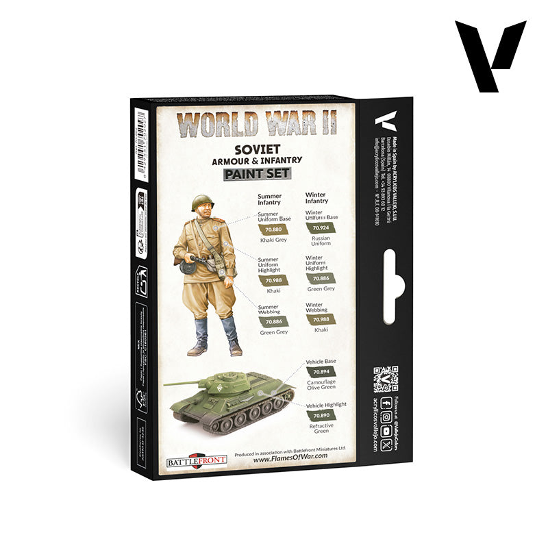 Vallejo 70202 WWII Soviet Armour & Infantry Paint Set – tył pudełka z schematem malowania: piechota letnia i zimowa oraz czołg T-34 z przypisaniem 6 kolorów, Battlefront Miniatures
