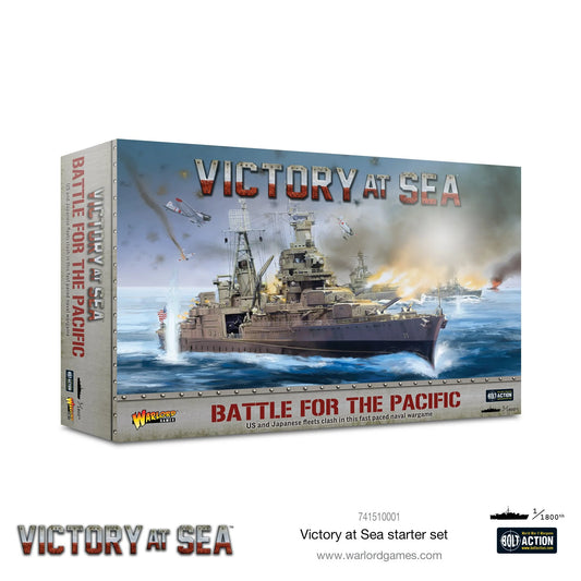 Victory at Sea Battle for the Pacific 741510001 – pudełko zestawu startowego z ilustracją krążownika USS w boju, napis Battle for the Pacific, skala 1/1800, Victory at Sea, Warlord Games

