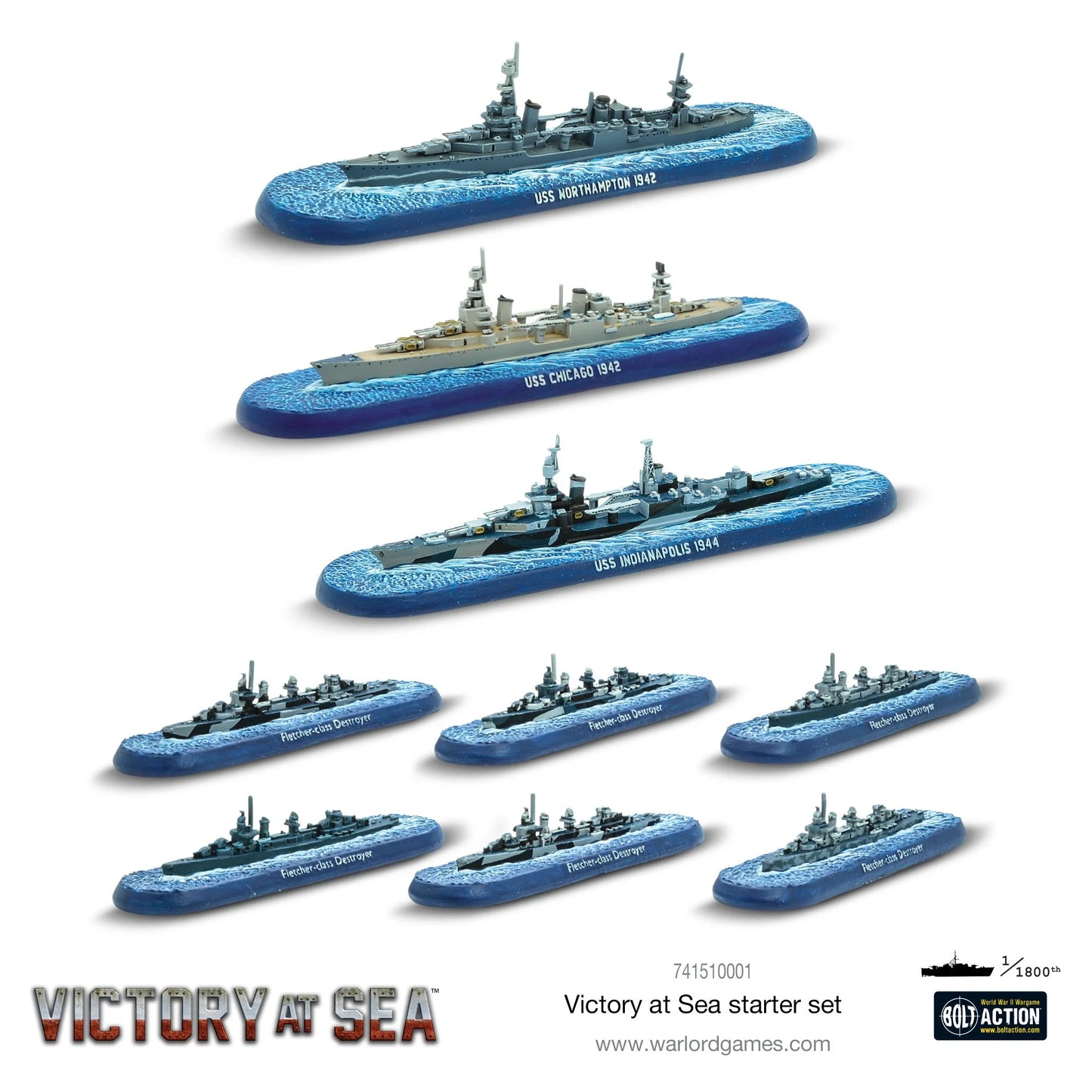 Victory at Sea Battle for the Pacific 741510001 – 9 żywicznych miniatur okrętów US Navy w skali 1/1800: USS Northampton 1942, USS Chicago 1942, USS Indianapolis 1944 i 6x niszczyciel klasy Fletcher na niebieskich podstawkach, Victory at Sea, Warlord Games
