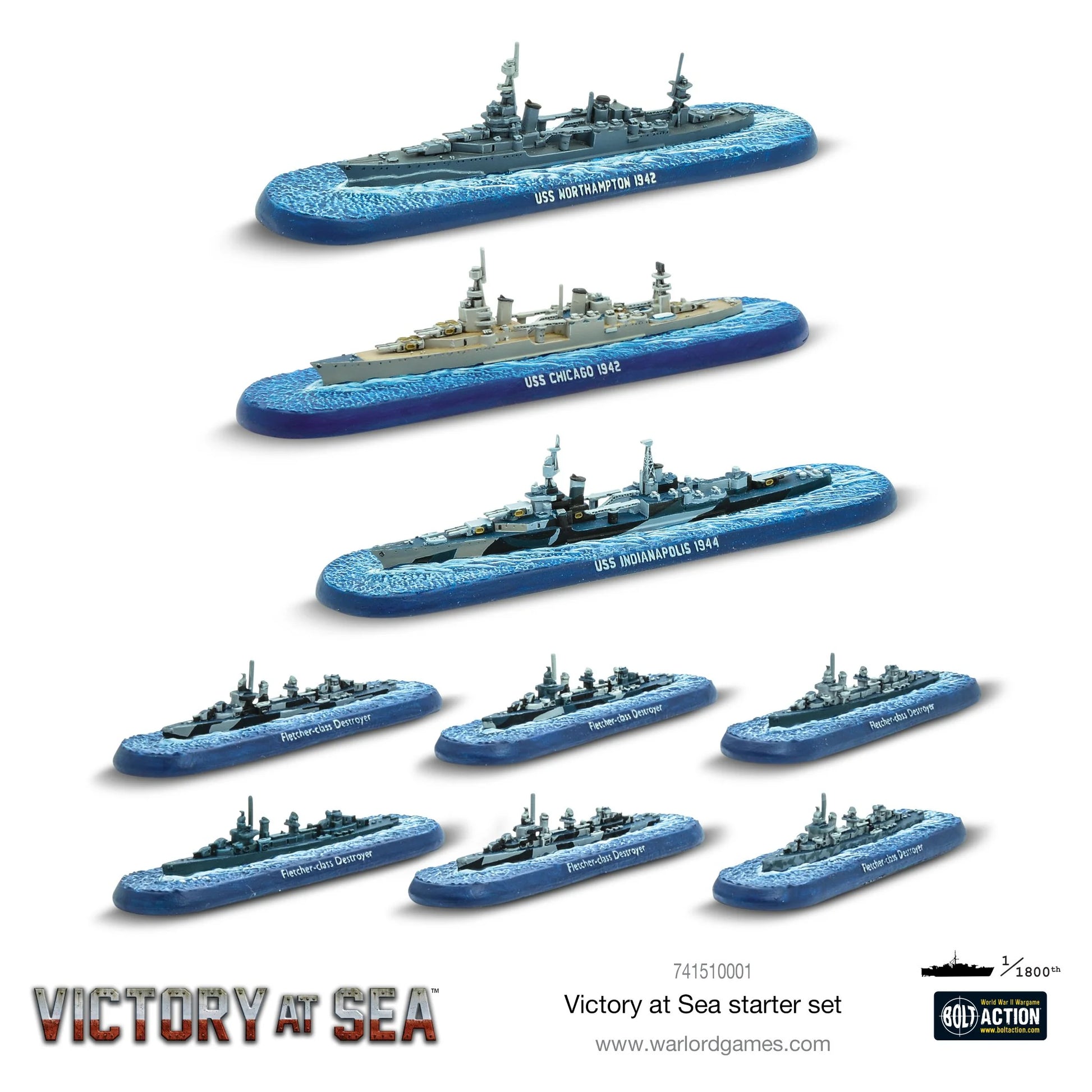 Victory at Sea Battle for the Pacific 741510001 – 9 żywicznych miniatur okrętów US Navy w skali 1/1800: USS Northampton 1942, USS Chicago 1942, USS Indianapolis 1944 i 6x niszczyciel klasy Fletcher na niebieskich podstawkach, Victory at Sea, Warlord Games
