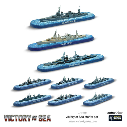 Victory at Sea Battle for the Pacific 741510001 – 9 żywicznych miniatur okrętów US Navy w skali 1/1800: USS Northampton 1942, USS Chicago 1942, USS Indianapolis 1944 i 6x niszczyciel klasy Fletcher na niebieskich podstawkach, Victory at Sea, Warlord Games
