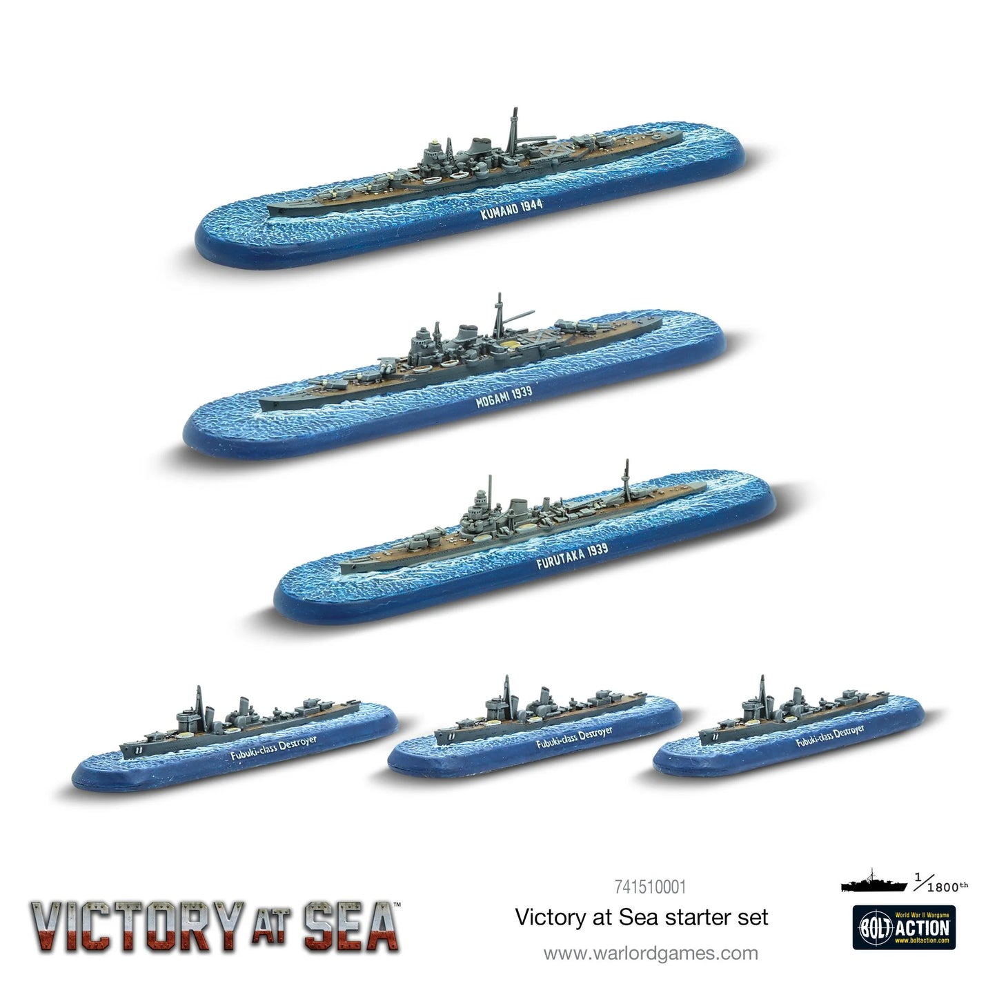 Victory at Sea Battle for the Pacific 741510001 – 6 żywicznych miniatur okrętów Japońskiej Marynarki Wojennej w skali 1/1800: Kunano 1944, Mogami 1939, Furutaka 1939 i 3x niszczyciel klasy Fubuki na niebieskich podstawkach, Victory at Sea, Warlord Games
